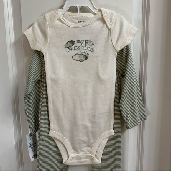 New- Carter’s 3 Piece Green Striped 100% Cotton Layette Set Size 9 Months - Picture 2 of 8